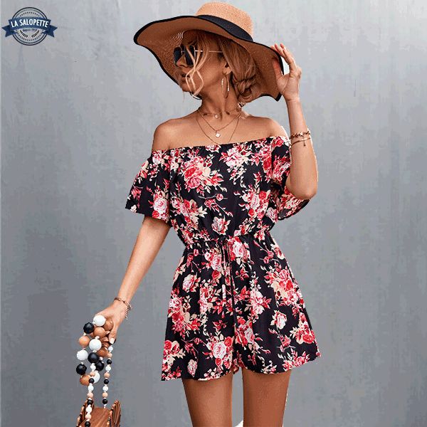 combishort noire camélia fleuri